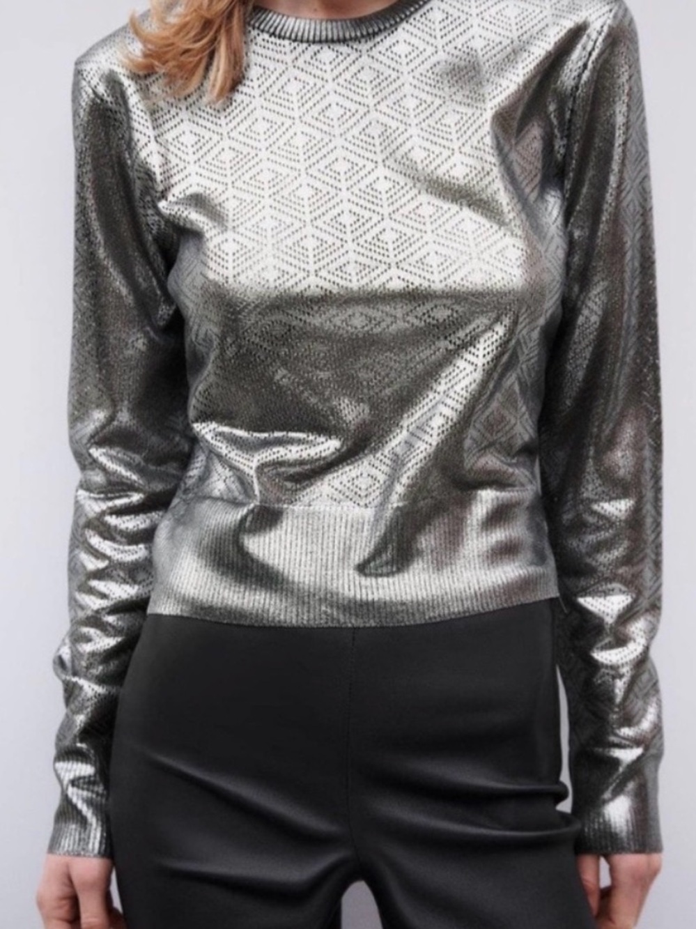Zara Metallic Silver Pointelle Long Sleeve Knit Top NWT Size Small